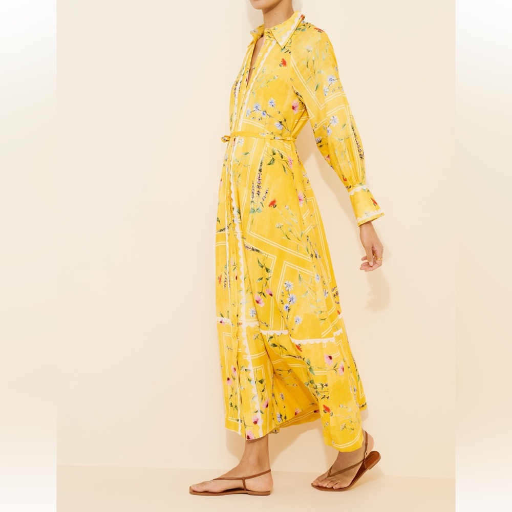 Anthropologie Aureta Aria linen blend Yellow Floral Button-Up Maxi Dress size L